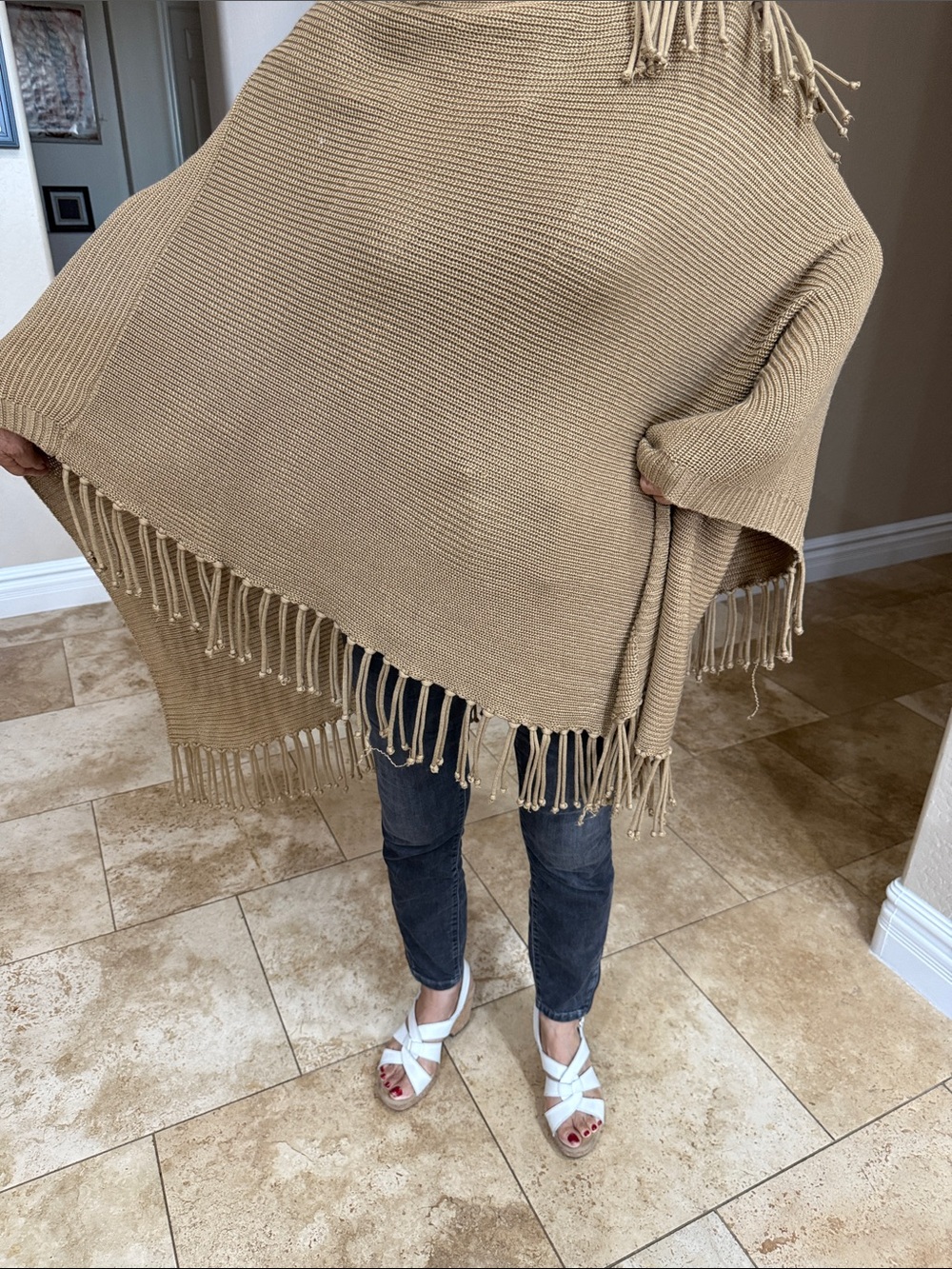 Bcbg Cozy Fringe Knit Poncho Sweater - Camel